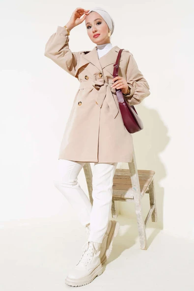 Balon Kol Kuşaklı Kısa Trençkot Bej ürün görseli 1