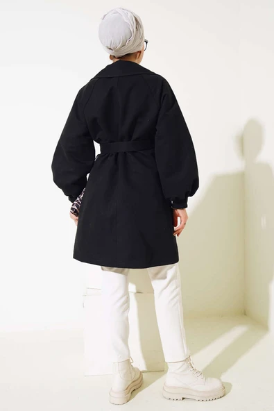 Balon Kol Kuşaklı Kısa Trençkot Siyah - Resim 3