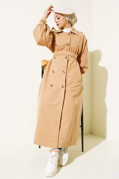 Balon Kol Kuşaklı Uzun Trençkot Camel ürün görseli 1