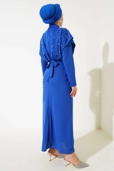 Önü İncili Kuşaklı Elbise Saks - Resim 3