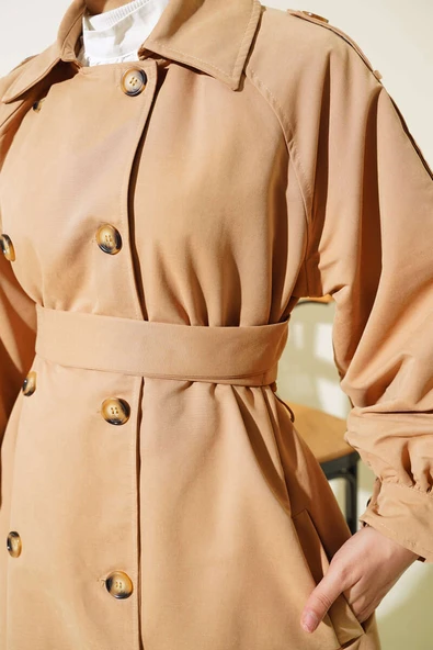 Balon Kol Kuşaklı Uzun Trençkot Camel - Resim 4