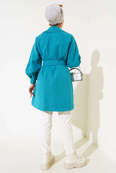 Balon Kol Kuşaklı Kısa Trençkot Petrol Yeşili - Resim 3