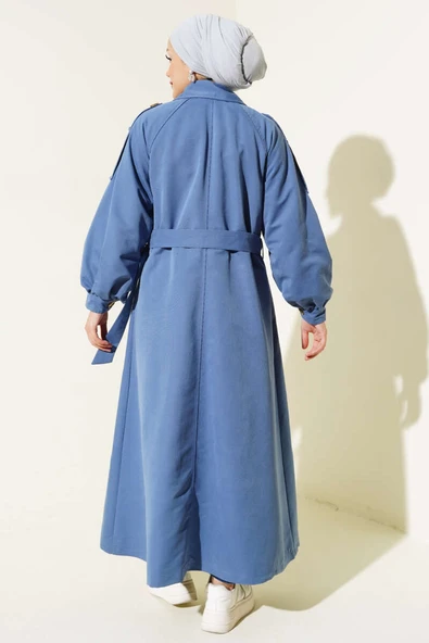 Balon Kol Kuşaklı Uzun Trençkot İndigo - Resim 3
