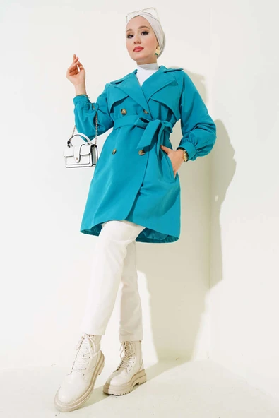 Balon Kol Kuşaklı Kısa Trençkot Petrol Yeşili - Resim 2