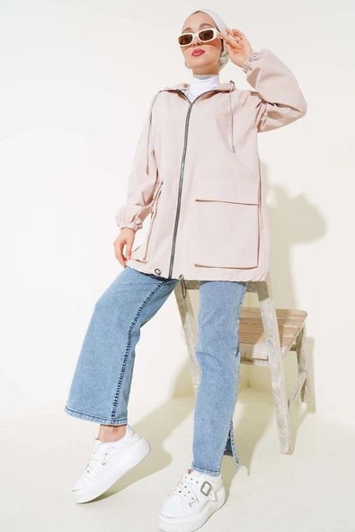 Körük Cepli Kapüşonlu Kap Bej - Resim 2