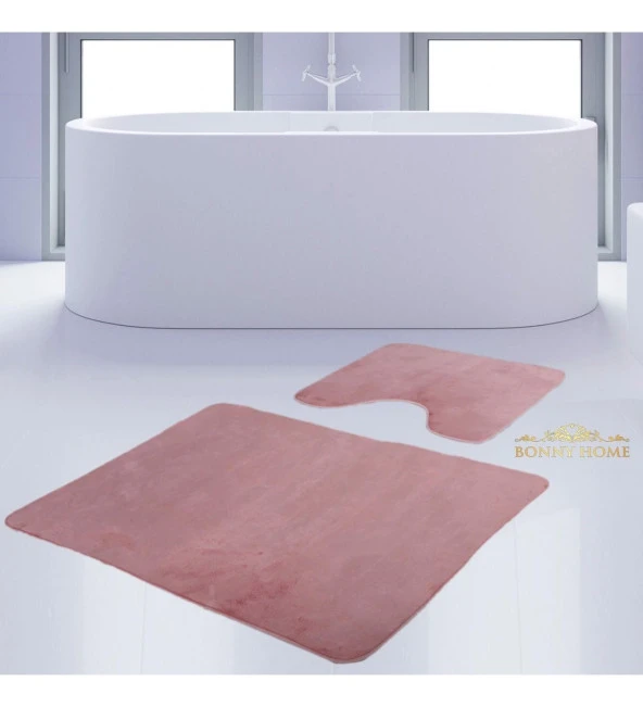 Bonny Home Unicolor Düz Pembe 2li Banyo Paspası Halısı Seti Kaymaz Taban Klozet Takımı