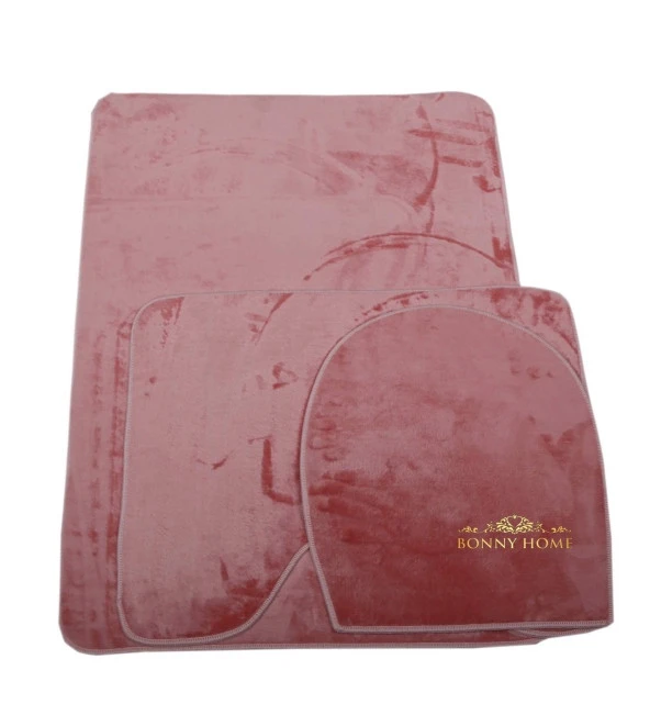 Bonny Home Unicolor Düz Pembe 3lü Banyo Paspası Halısı Seti Kaymaz Klozet Takımı - 3