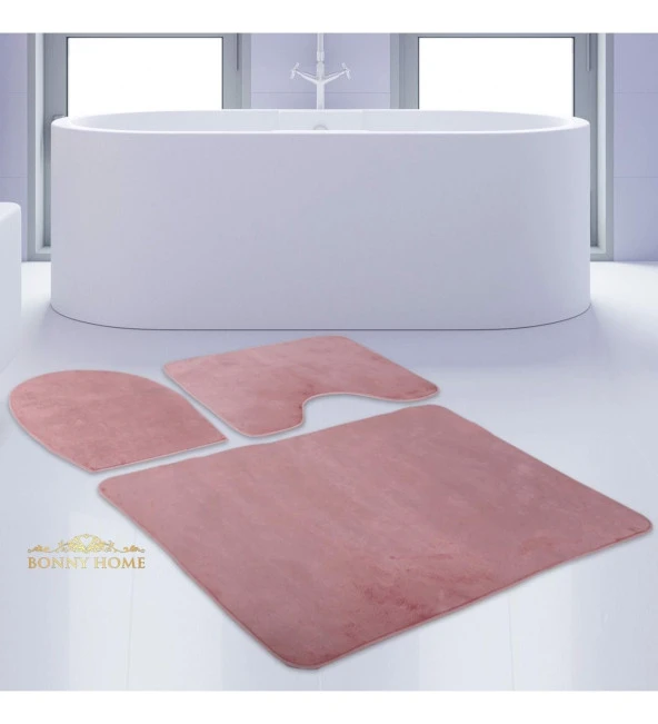Bonny Home Unicolor Düz Pembe 3lü Banyo Paspası Halısı Seti Kaymaz Klozet Takımı - 4