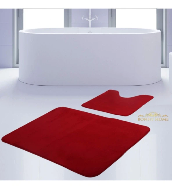 Bonny Home Unicolor Düz Kırmızı 2li Banyo Paspası Halısı Seti Kaymaz Taban Klozet Takımı