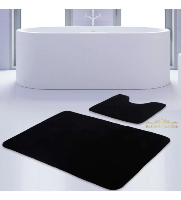 Bonny Home Unicolor Düz Siyah 2li Banyo Paspası Halısı Seti Kaymaz Klozet Taban Takımı