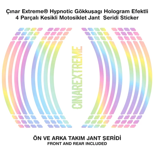 Çınar Extreme® Hypnotic Gökkuşağı Hologram Efektli 4 Parçalı Kesikli Motosiklet Jant Şeridi Sticker - 3