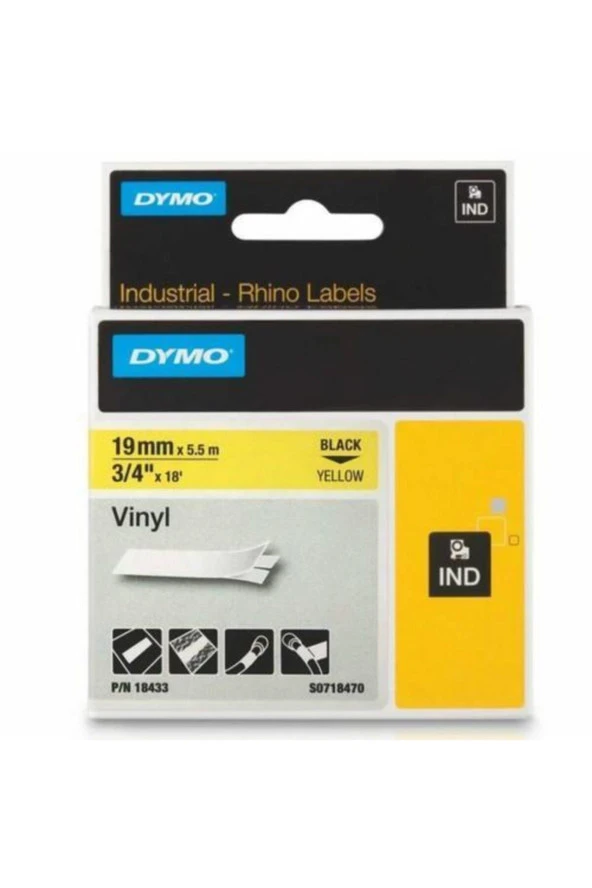 Dymo Rhino Pro Etiketi Renkli Vinil 19 MMx5,5 MT Sarı Üzerine Siyah 18433