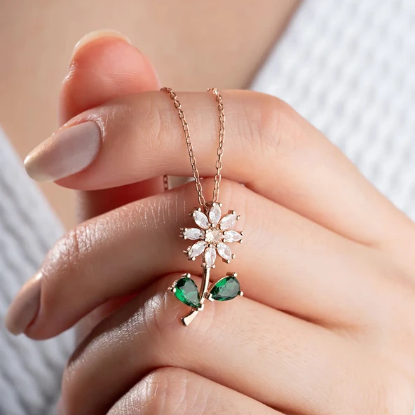 Vaoov 925 Ayar Gümüş Taşlı Çiçek Kolye - Resim 2