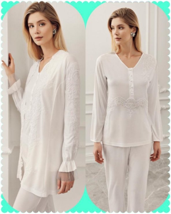PERİN 319  ECRU  Hamile Lohusa 3 Lü Pijama Sabahlık Takım - 2
