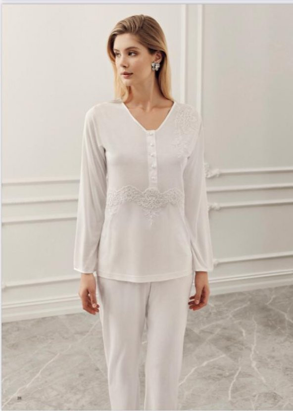 PERİN 319  ECRU  Hamile Lohusa 3 Lü Pijama Sabahlık Takım - 3