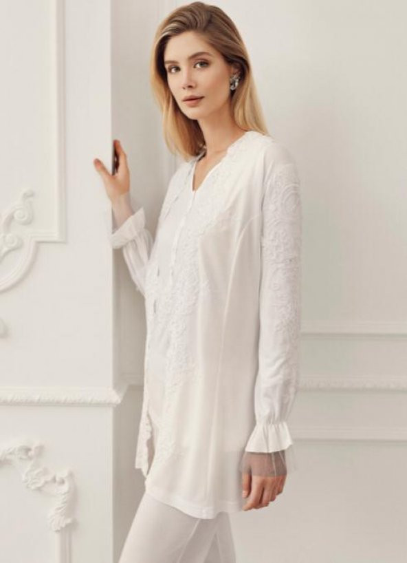 PERİN 319  ECRU  Hamile Lohusa 3 Lü Pijama Sabahlık Takım - 4