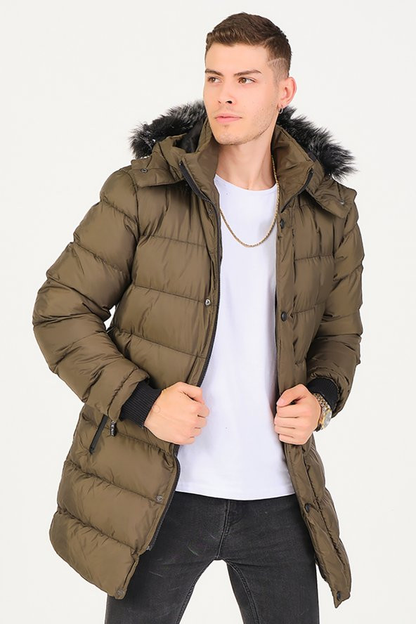 Kapüşonlu Kürk Detaylı Erkek Antrasit Uzun Şişme Mont - 4