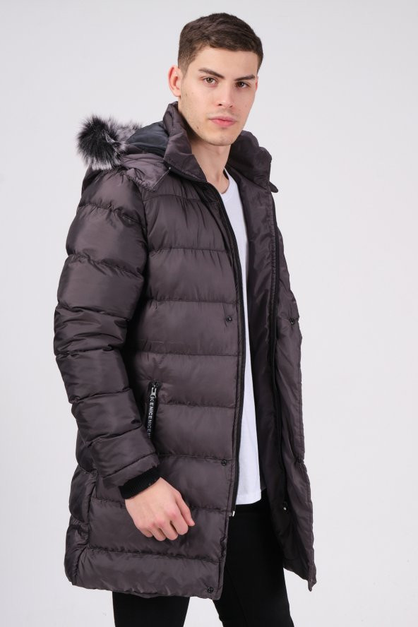 Kapüşonlu Kürk Detaylı Erkek Antrasit Uzun Şişme Mont - 2