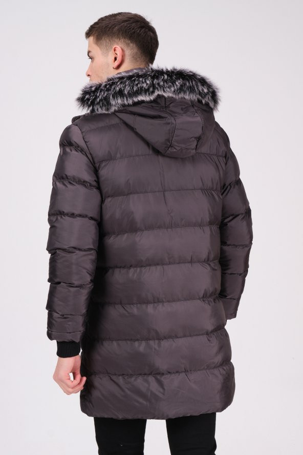 Kapüşonlu Kürk Detaylı Erkek Antrasit Uzun Şişme Mont - 3