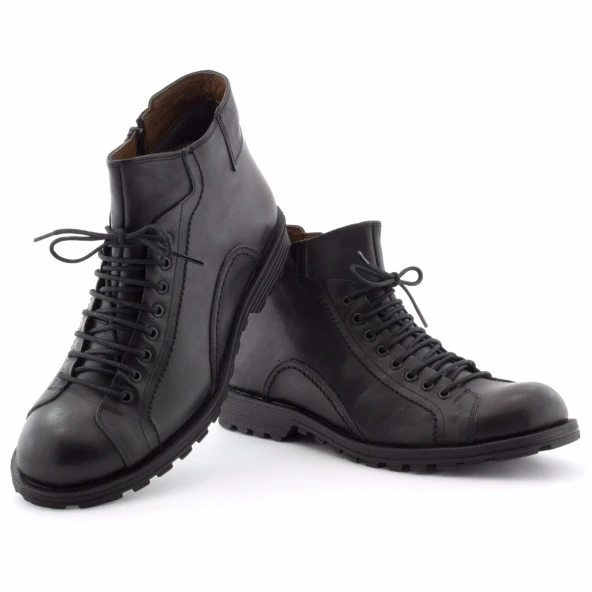 Siyah Bağcık Motifli Fermuarlı Klasik Erkek Bot