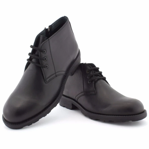 Siyah Düz Burunlu Bağcıklı Fermuarlı Klasik Erkek Bot