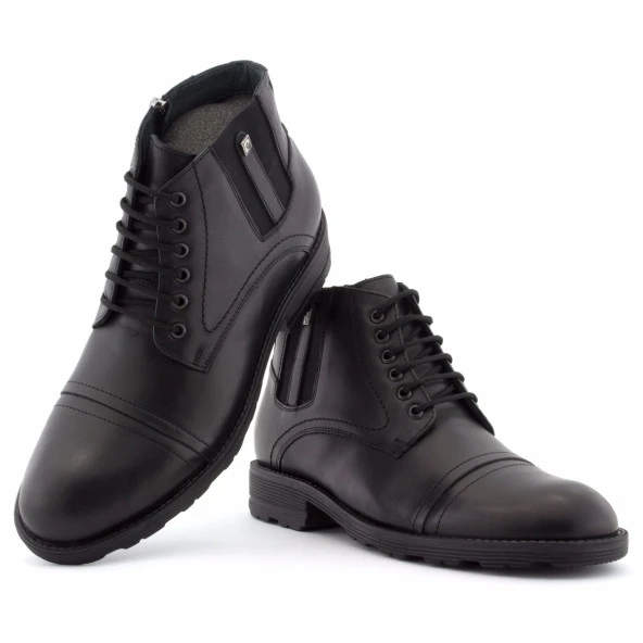 Siyah Lastik Konçlu Bağcıklı Fermuarlı Klasik Erkek Bot