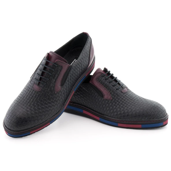 Siyah Bordo Hasır Baskılı Lastikli Bağcıklı Günlük Erkek Ayakkabı