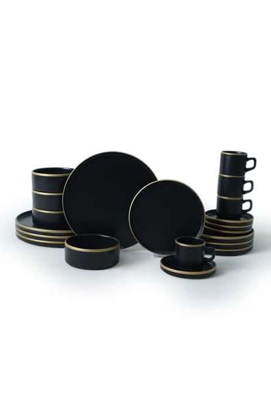 Keramika Mat Siyah Gold Fileli Stackable Yemek / Kahvaltı Takımı 20 Parça 4 Kişilik - Resim 6