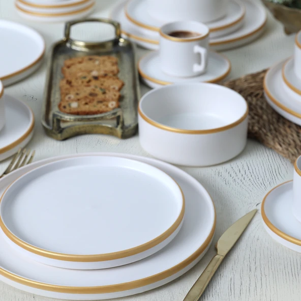 Keramika Mat Beyaz Gold Fileli Stackable Yemek / Kahvaltı Takımı 20 Parça 4 Kişilik
