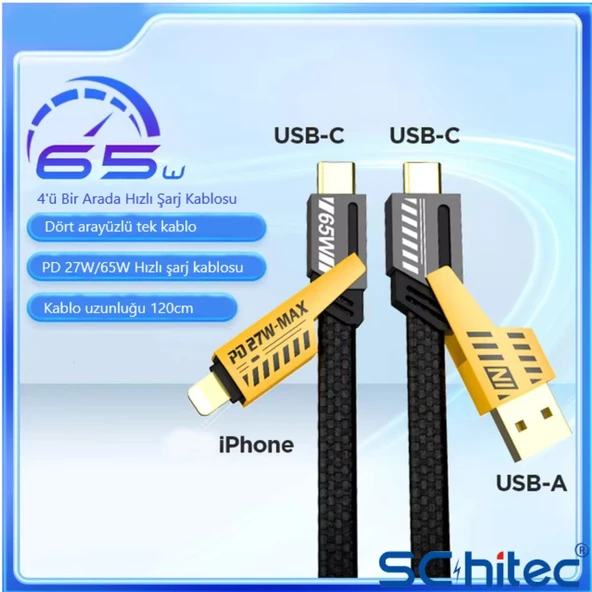 ScHitec 4in1 65W/PD27W UsbA to Lightining-Type-C/Type-C to Lightining-Type-C Turbo Şarj ve Data Kablosu ürün görseli 1