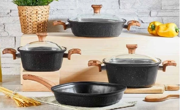 Remetta Granit Gia Kare 7 Parça Tencere Seti Siyah