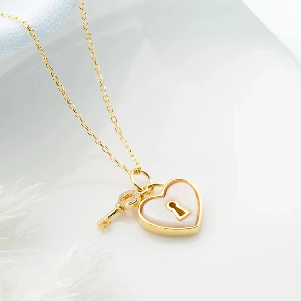 Vaoov 925 Ayar Gümüş Opal Taşlı Kalp ve Anahtar Kolye - Resim 5
