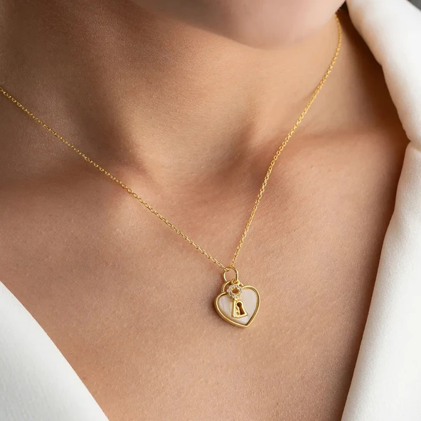 Vaoov 925 Ayar Gümüş Opal Taşlı Kalp ve Anahtar Kolye - Resim 4