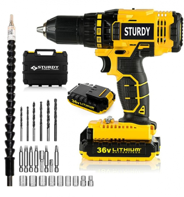 Sturdy 36 Volt 5,0 Amper Darbeli Metal Şanzuman +27 Parça Set Şarjlı Vidalama Matkap - 2