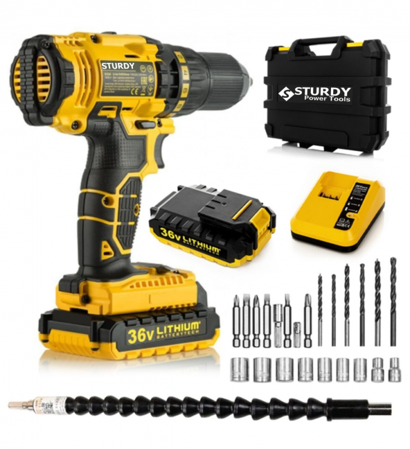 Sturdy 36 Volt 5,0 Amper Darbeli Metal Şanzuman +27 Parça Set Şarjlı Vidalama Matkap - 3