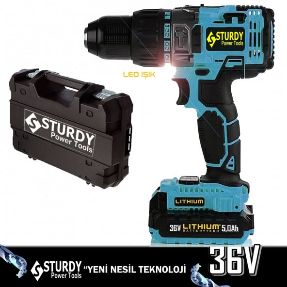 Sturdy Pro 36 Volt 5,0 Amper Darbeli Metal Şanzuman +27 Parça Set Şarjlı Vidalama Matkap Mavi Seri - 2