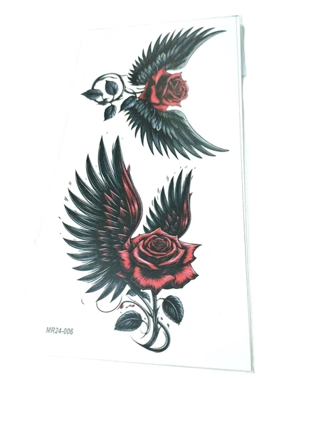 Hayal Sepeti Geçici Dövme 9,5x19CM Tattoo Minimal Tattoo Aksesuar Şık  KANATLI KIRMIZI GÜL MODELİ - 5