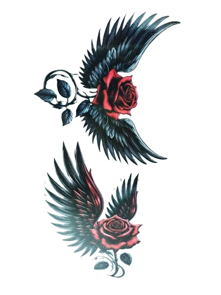 Hayal Sepeti Geçici Dövme 9,5x19CM Tattoo Minimal Tattoo Aksesuar Şık  KANATLI KIRMIZI GÜL MODELİ - 3
