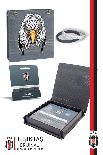Beşiktaş Orijinal Lisanslı 2'li Silikon Bileklik Kartal Baskılı Hediyelik Ahşap Kutulu