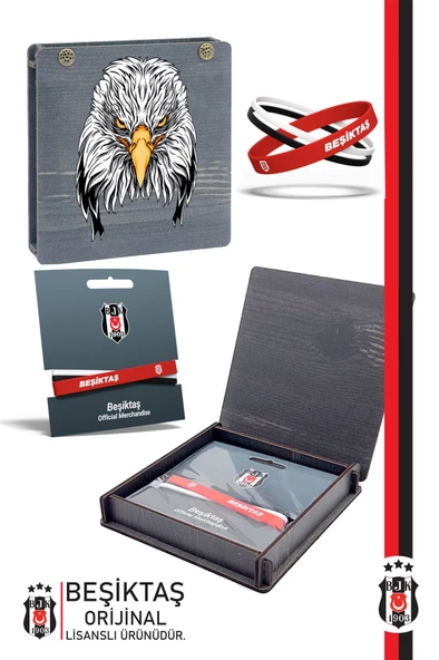 Beşiktaş Orijinal Lisanslı 3'lü BJK Silikon Bileklik Kartal Baskılı Hediyelik Ahşap Kutulu