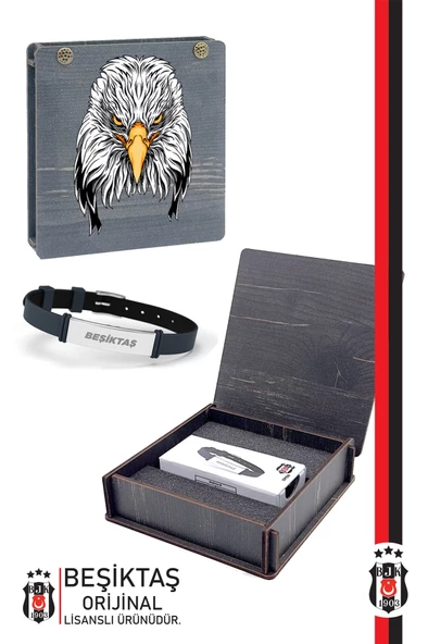 Beşiktaş Orijinal Lisanslı Fashion Ayarlanabilir Bileklik Kartal Baskılı Hediyelik Ahşap Kutulu