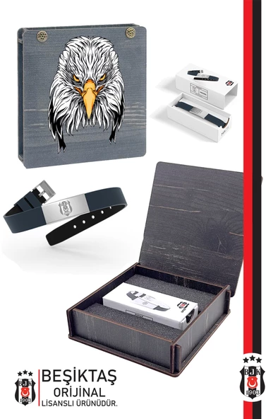 Beşiktaş Orijinal Lisanslı Fashion Ayarlanabilir Bileklik Kartal Baskılı Hediyelik Ahşap Kutulu