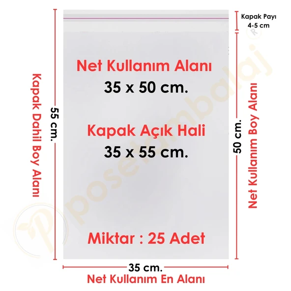 35 cm x 50 cm. + 5 cm. Şeffaf Bantlı Jelatin - Yapışkanlı Poşet 25 Adet