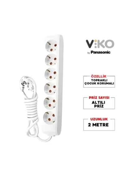 VİKO Multilet Altılı 5mt Kablolu BEYAZ Grup Priz 6lı 5 Metre Ara Kablo Topraklı Klemensli