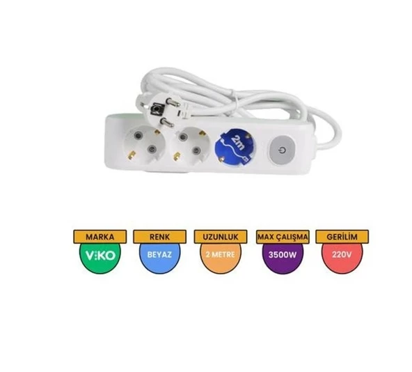 VİKO MULTİLET ÜÇLÜ 2MT ANAHTARLI GRUP PRİZ TOPRAKLI