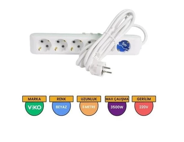 VİKO Multilet Altılı 5mt Kablolu BEYAZ Grup Priz 6lı 5 Metre Ara Kablo Topraklı Klemensli - 3