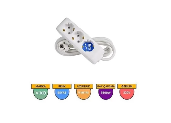 VİKO Multilet Üçlü 3mt Kablolu BEYAZ Grup Priz 3lü 3 Metre Ara Kablo Topraklı Klemensli