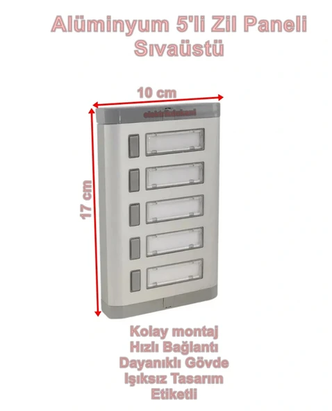ENDER Işıksız 5li Etiketli Alüminyum Zil Paneli 5 Butonlu - Resim 2
