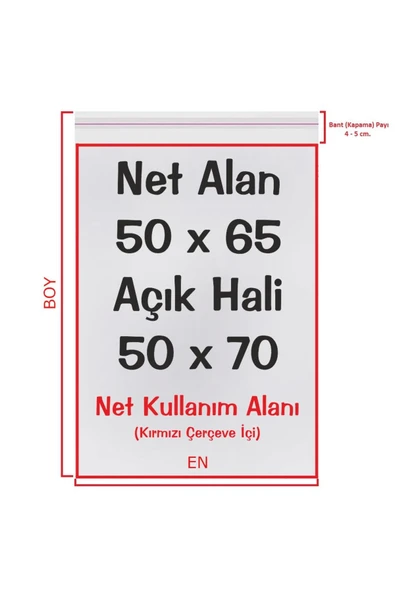 50 x 65 + 5 cm. Şeffaf Bantlı Jelatin - Yapışkanlı Poşet 25 Adet