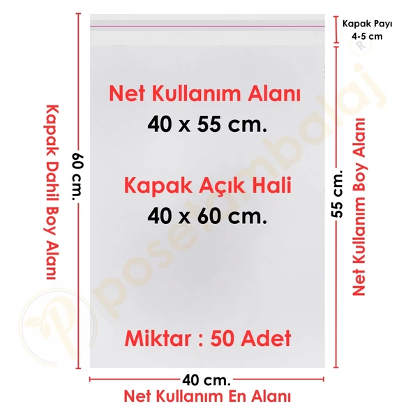 40 x 55 + 5 cm. Şeffaf Bantlı Jelatin - Yapışkanlı Poşet 50 Adet